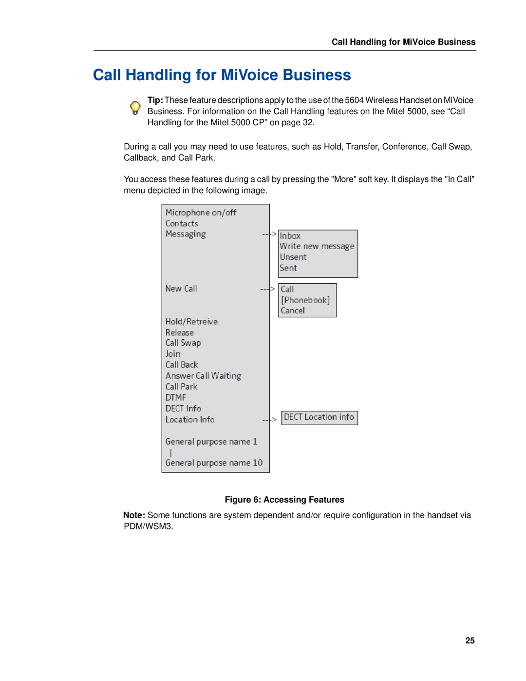 Mitel 5604 manual Call Handling for MiVoice Business, Accessing Features 