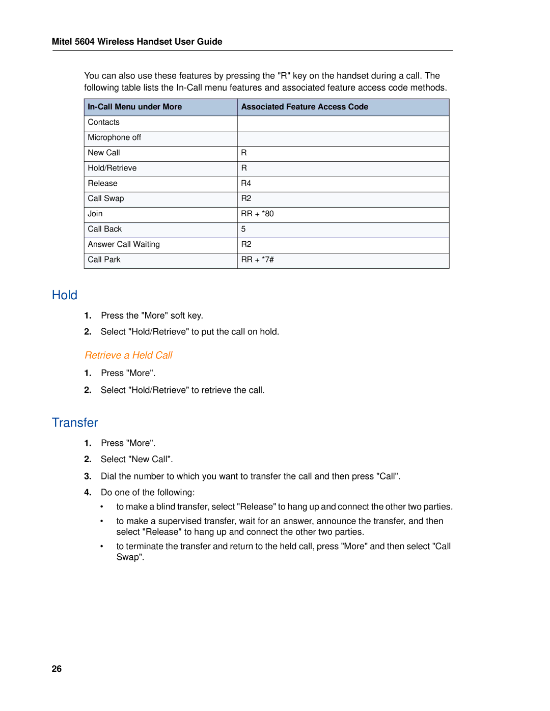 Mitel 5604 manual Hold, Transfer, Retrieve a Held Call 