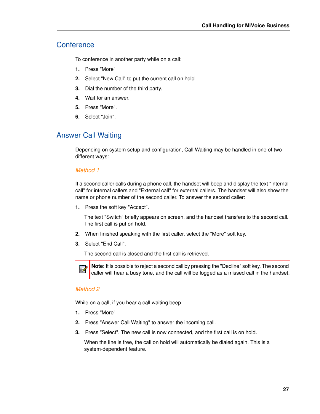 Mitel 5604 manual Conference, Answer Call Waiting, Method 
