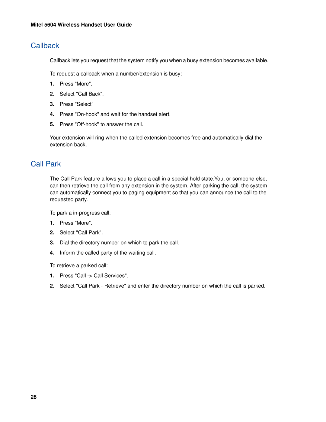 Mitel 5604 manual Callback, Call Park 