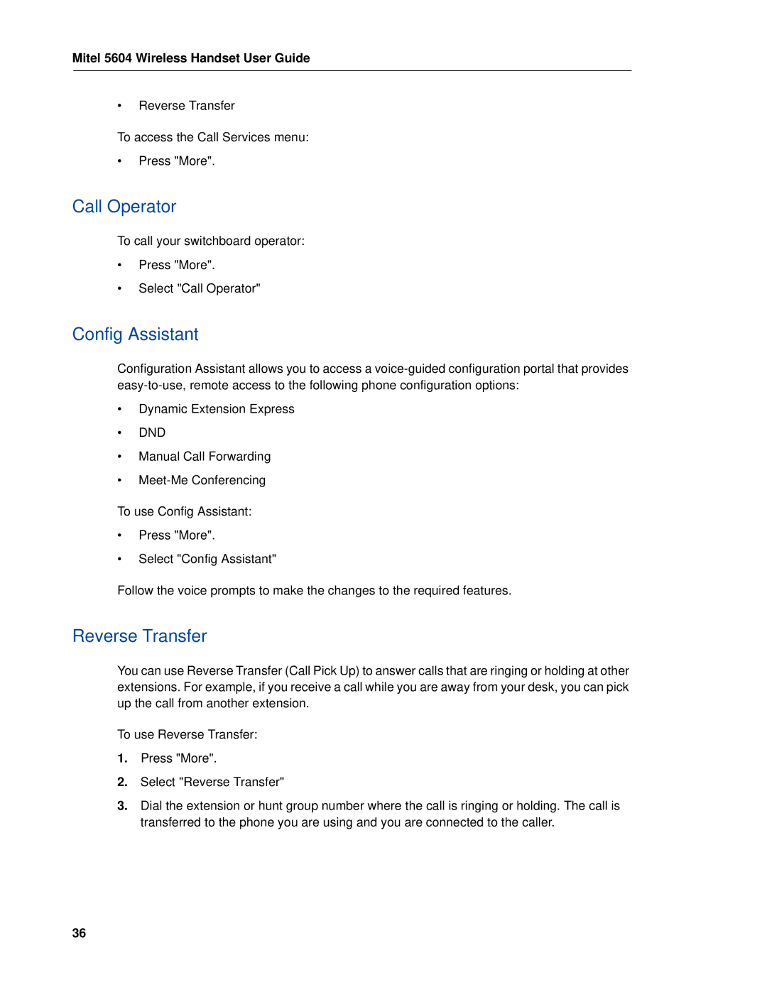 Mitel 5604 manual Call Operator, Config Assistant, Reverse Transfer 