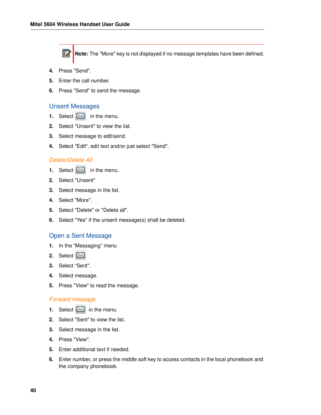 Mitel 5604 manual Unsent Messages, Open a Sent Message, Delete/Delete All, Forward message 