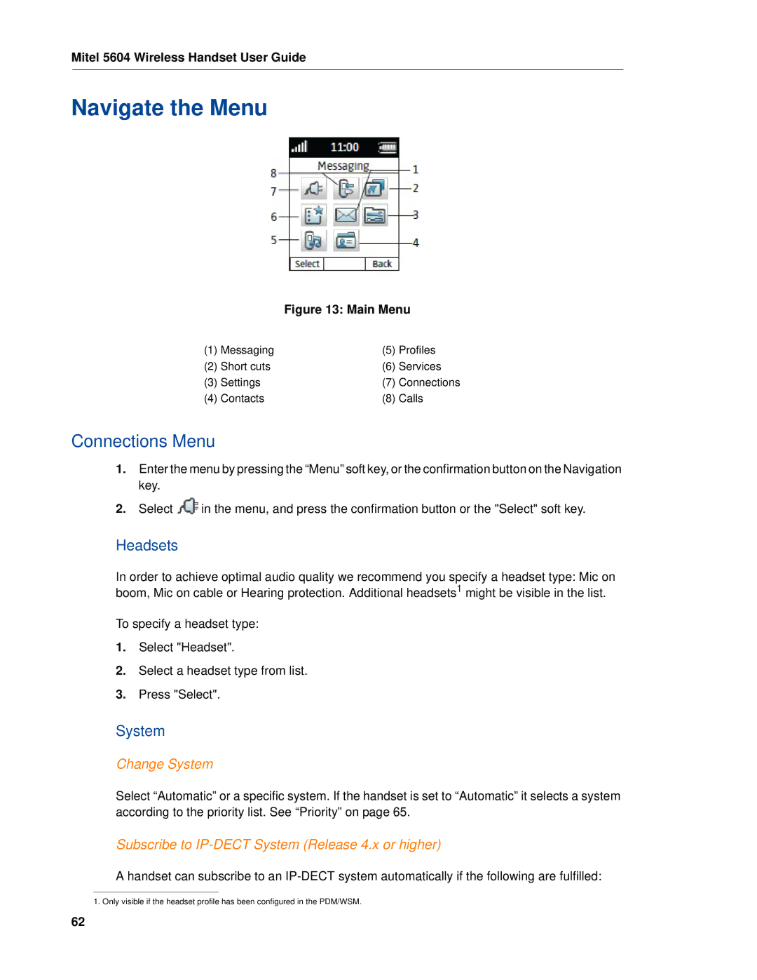 Mitel 5604 manual Navigate the Menu, Connections Menu, Headsets, System 