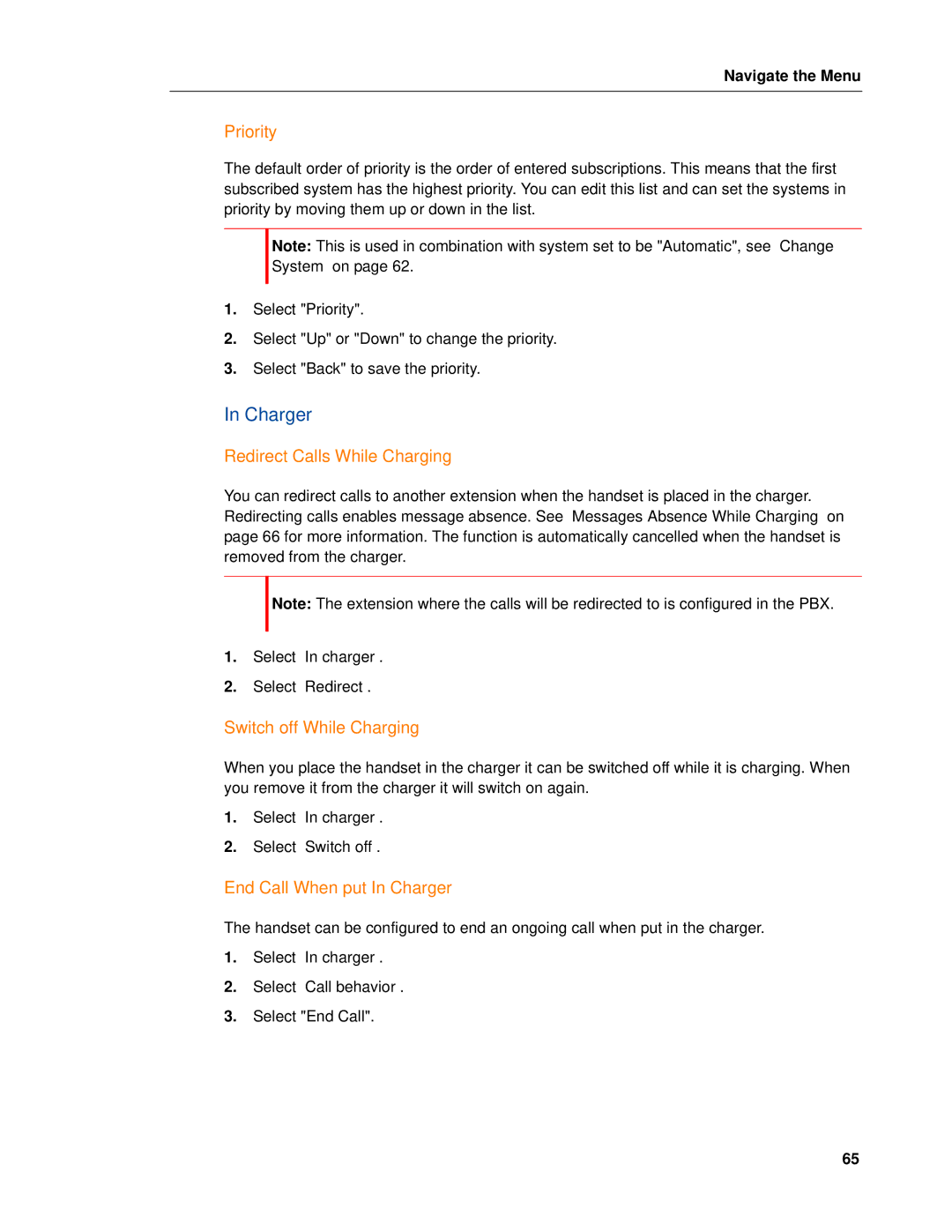 Mitel 5604 manual Priority, Redirect Calls While Charging, Switch off While Charging, End Call When put In Charger 