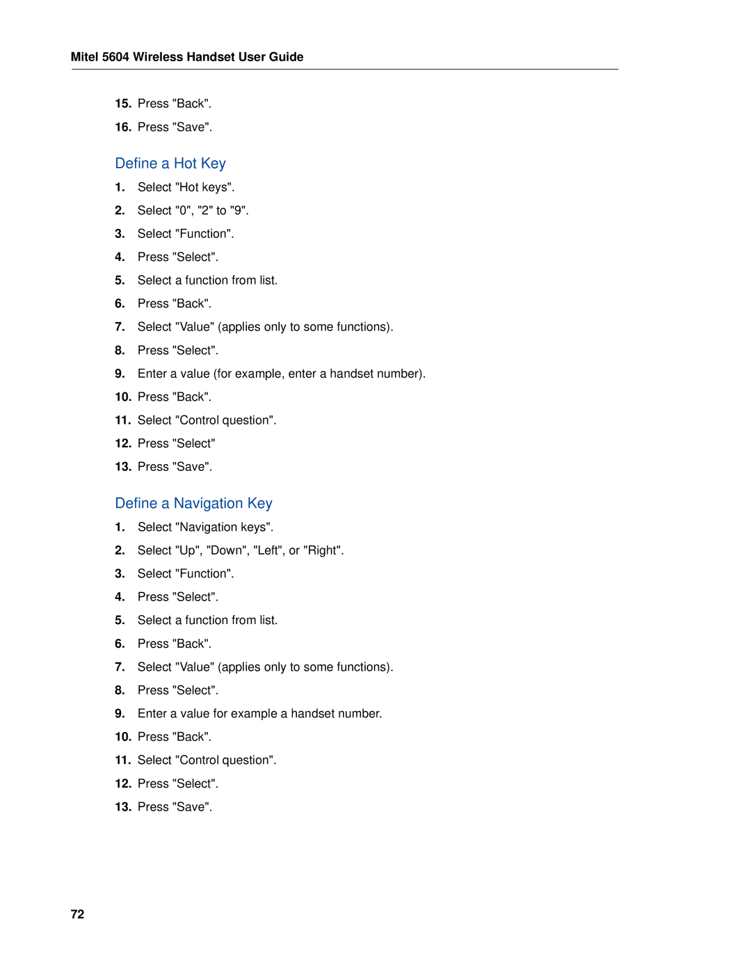 Mitel 5604 manual Define a Hot Key, Define a Navigation Key 