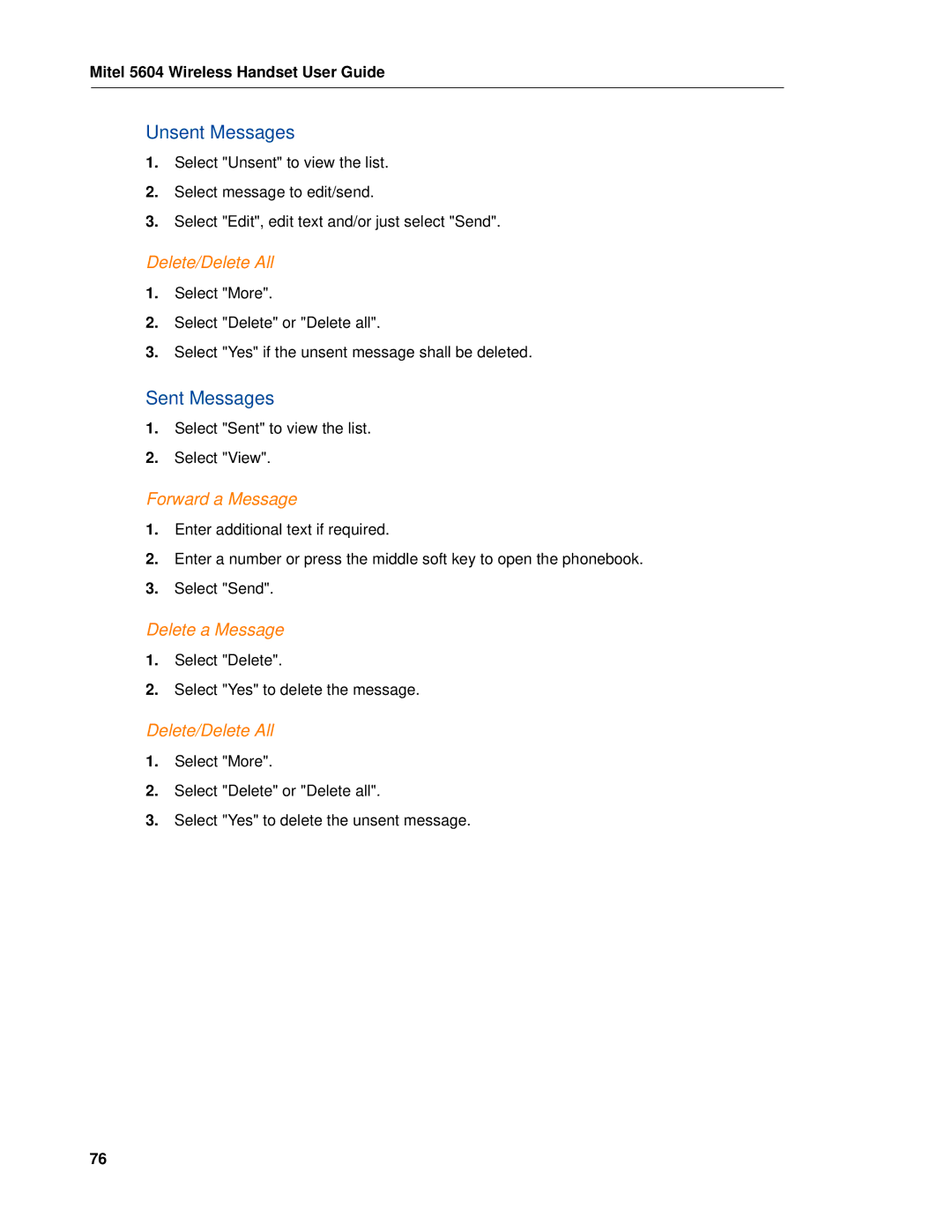 Mitel 5604 manual Unsent Messages, Sent Messages 