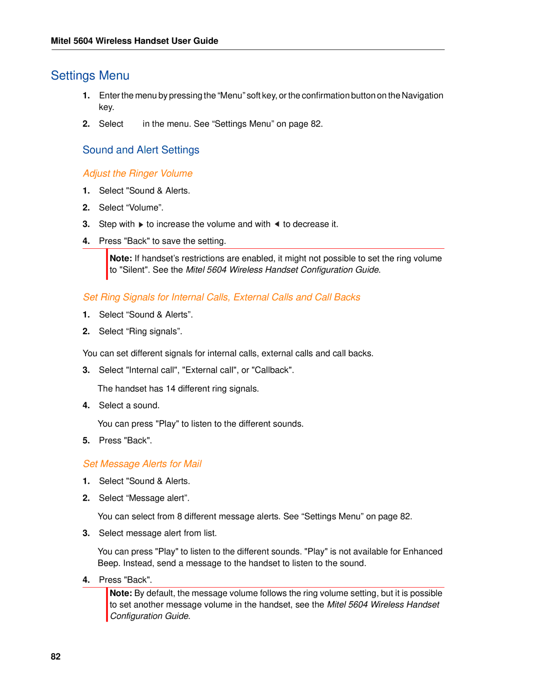 Mitel 5604 manual Settings Menu, Sound and Alert Settings, Adjust the Ringer Volume, Set Message Alerts for Mail 