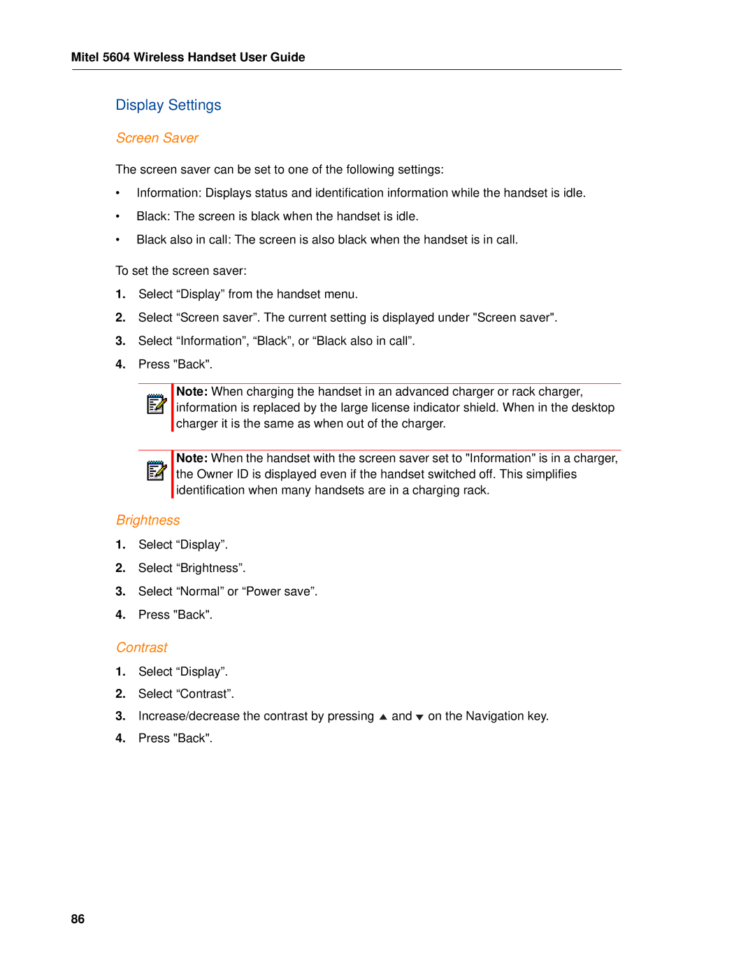 Mitel 5604 manual Display Settings, Screen Saver, Brightness, Contrast 