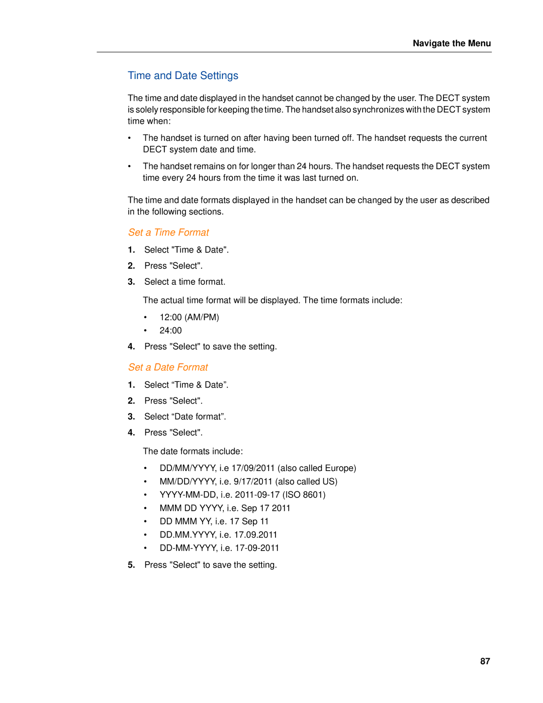 Mitel 5604 manual Time and Date Settings, Set a Time Format, Set a Date Format 