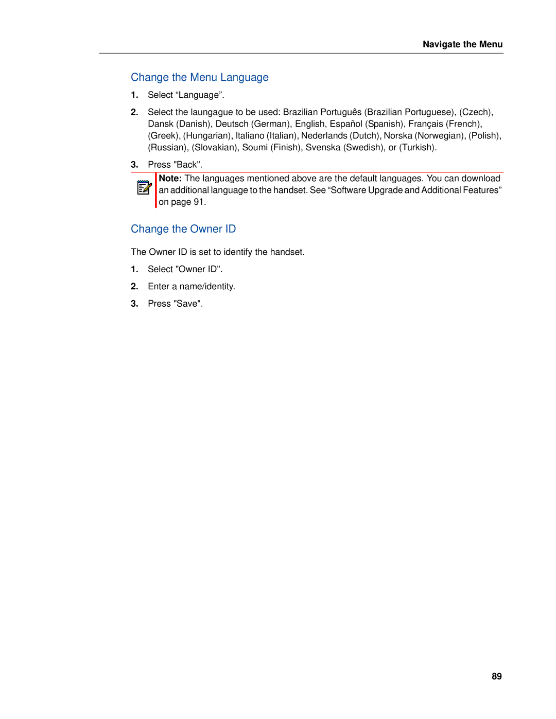 Mitel 5604 manual Change the Menu Language, Change the Owner ID 