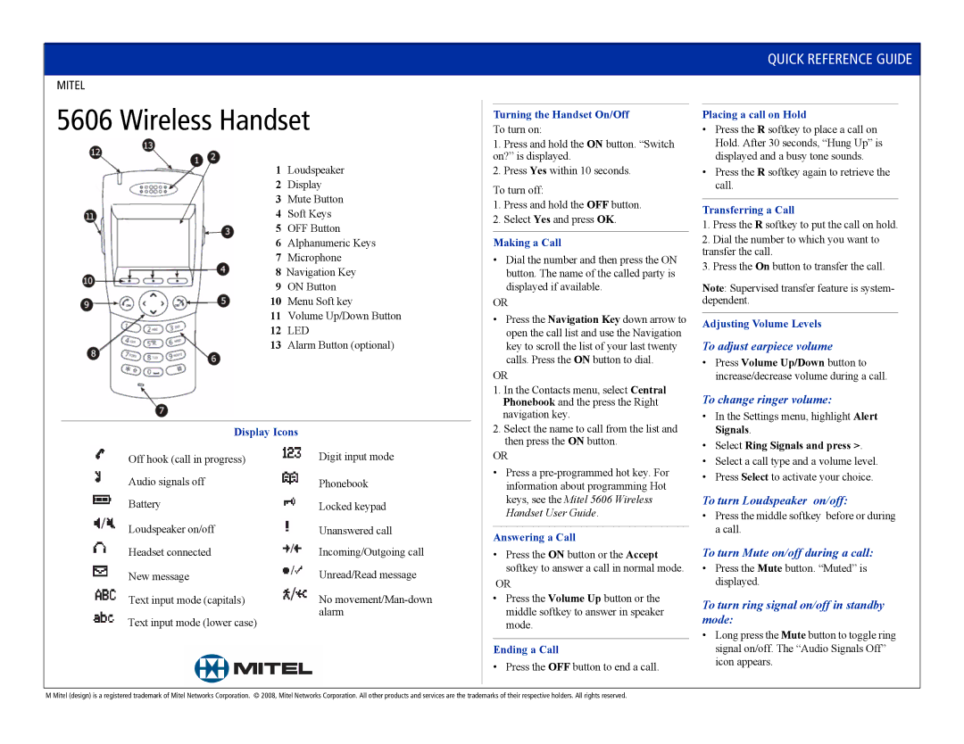 Mitel 5606 manual To adjust earpiece volume, To change ringer volume, To turn Loudspeaker on/off 