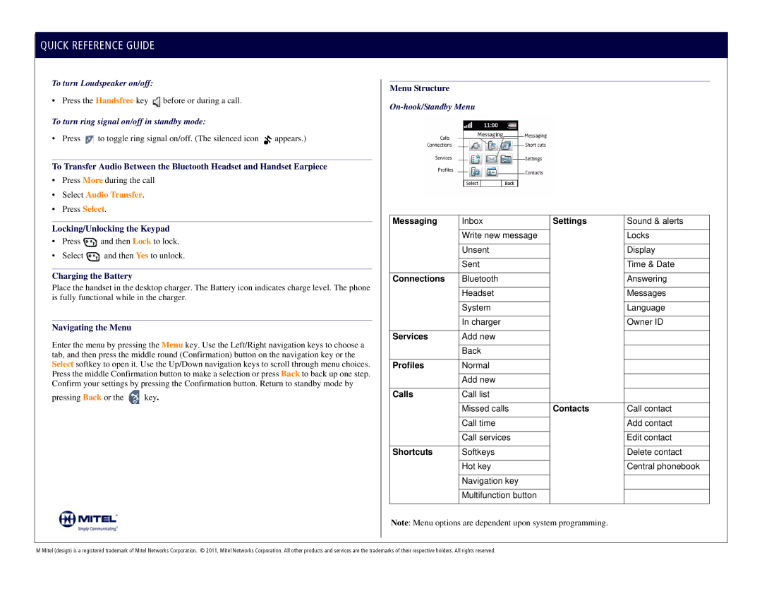 Mitel 5607 manual To turn Loudspeaker on/off, To turn ring signal on/off in standby mode, Select Audio Transfer 