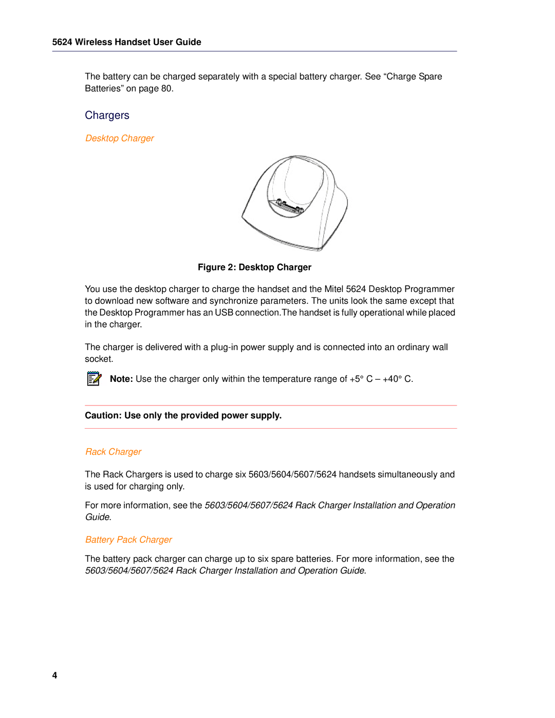 Mitel 5624 manual Chargers, Desktop Charger, Rack Charger, Battery Pack Charger 