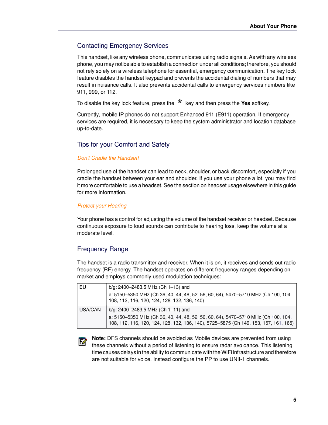 Mitel 5624 manual Contacting Emergency Services, Tips for your Comfort and Safety, Frequency Range, Dont Cradle the Handset 