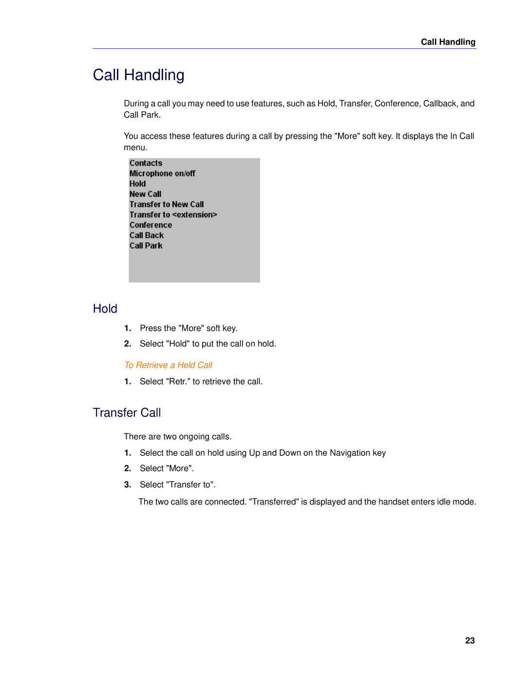 Mitel 5624 manual Call Handling, Hold, Transfer Call, To Retrieve a Held Call 