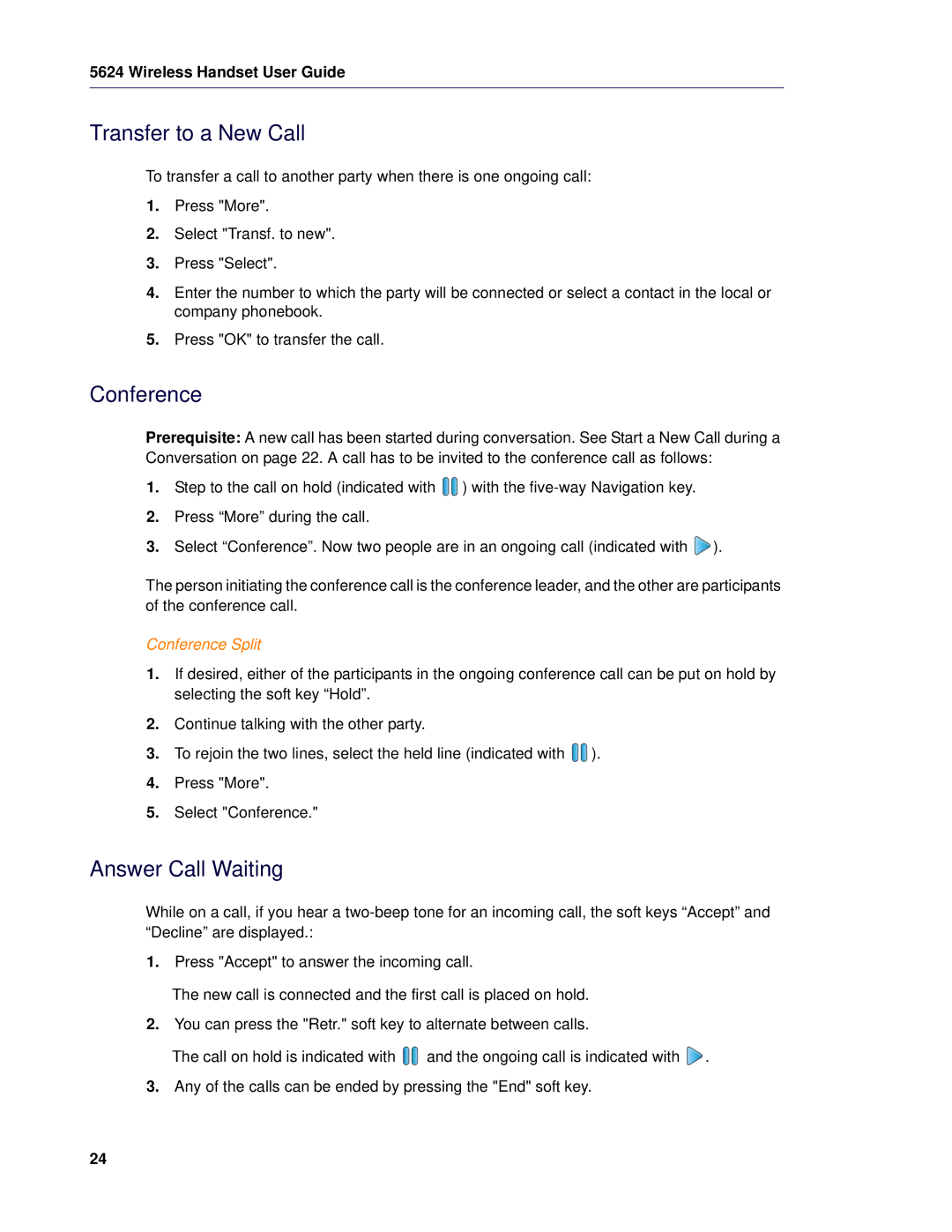 Mitel 5624 manual Transfer to a New Call, Answer Call Waiting, Conference Split 