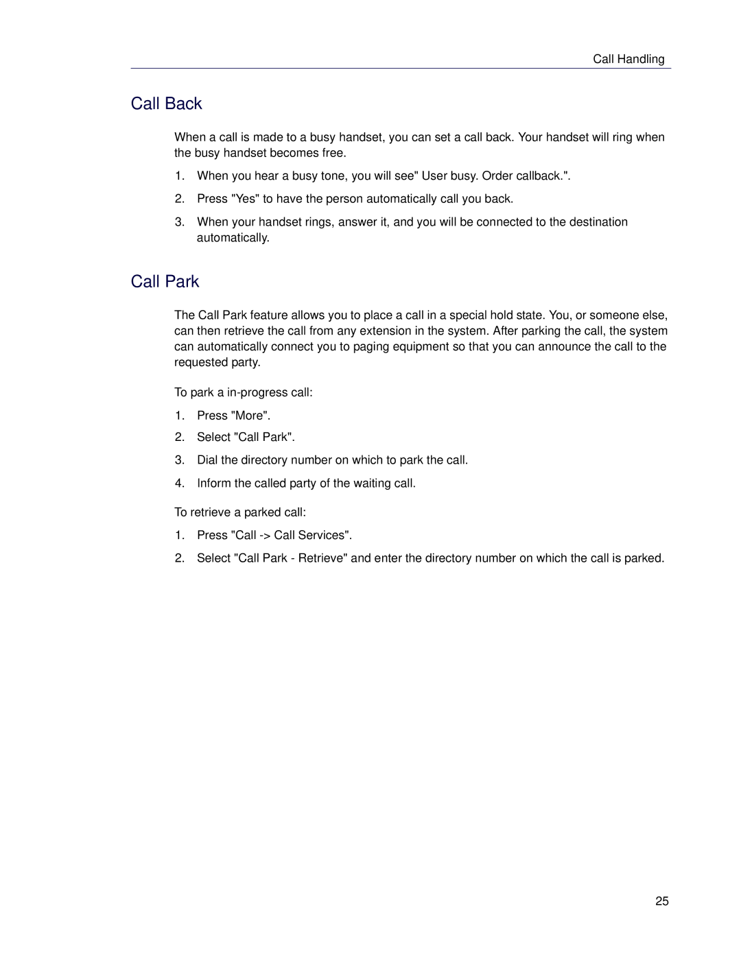 Mitel 5624 manual Call Back, Call Park 