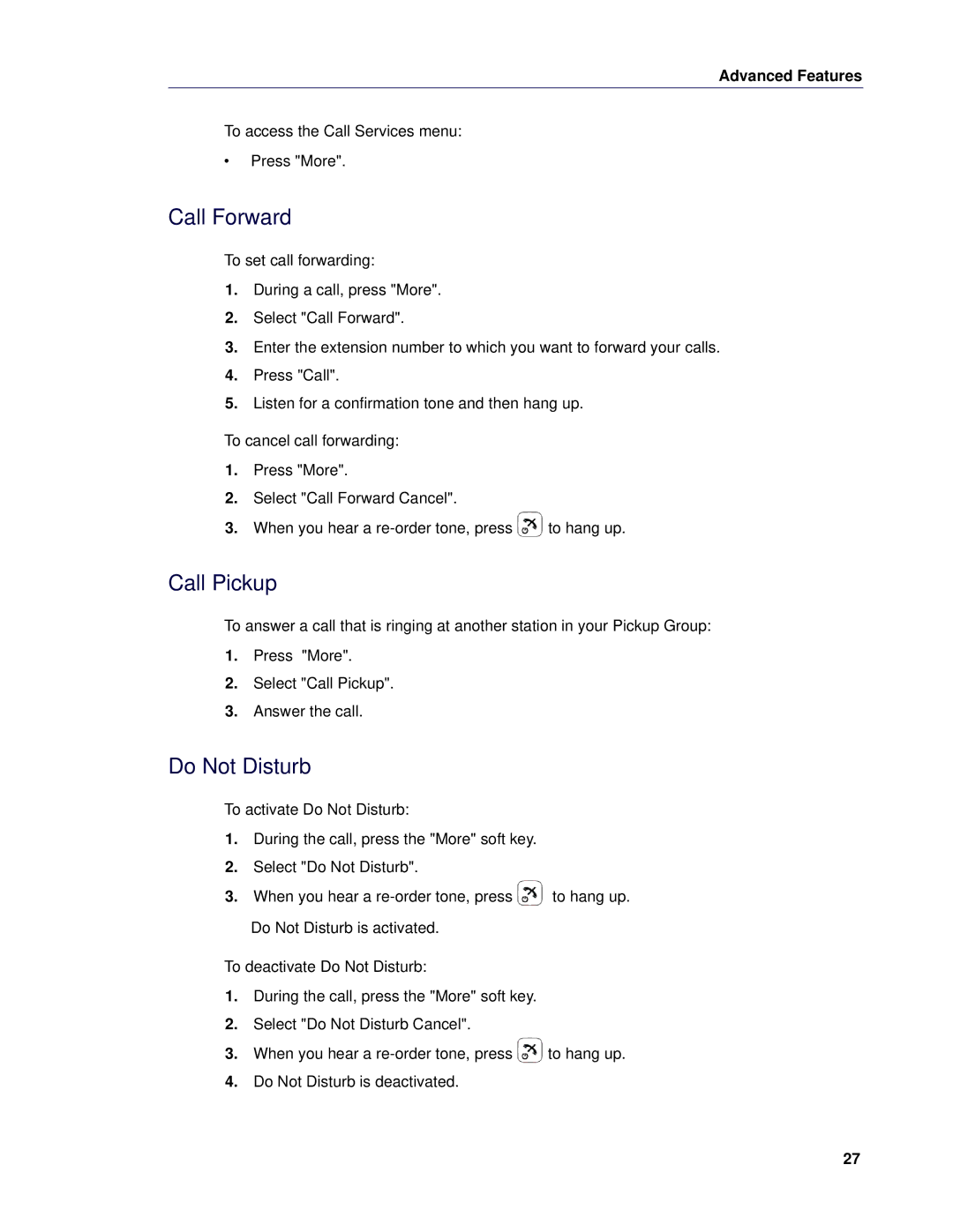 Mitel 5624 manual Call Forward, Call Pickup, Do Not Disturb 