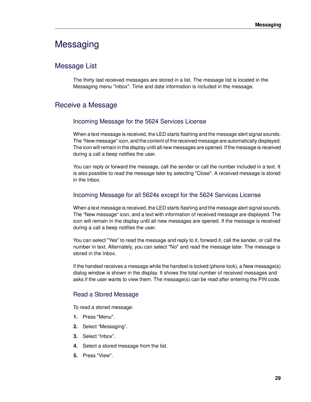 Mitel Messaging, Message List, Receive a Message, Incoming Message for the 5624 Services License, Read a Stored Message 