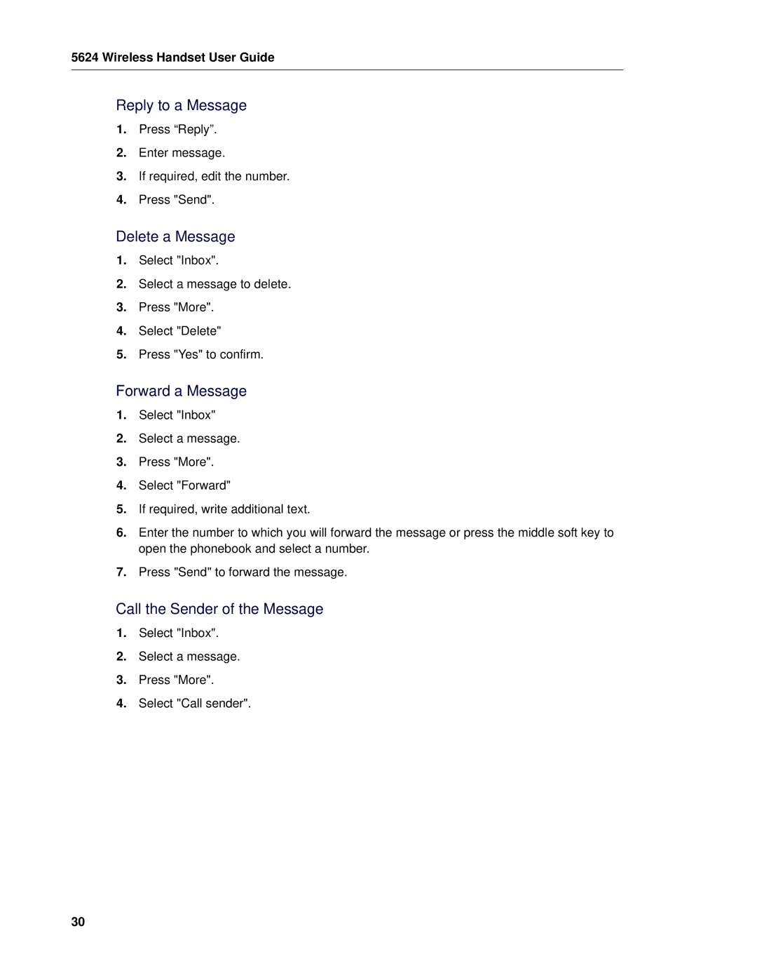 Mitel 5624 manual Reply to a Message, Delete a Message, Forward a Message, Call the Sender of the Message 