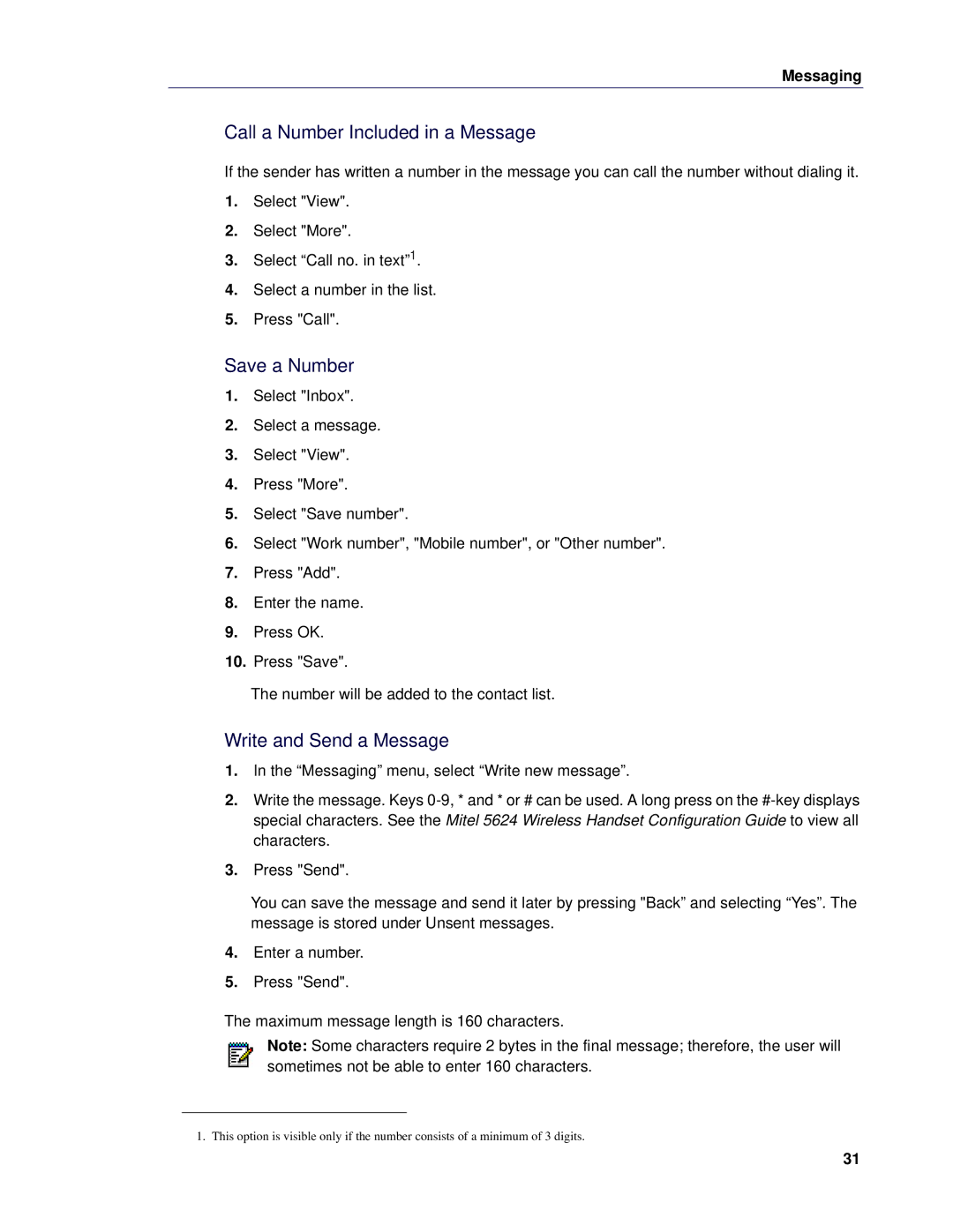 Mitel 5624 manual Call a Number Included in a Message, Save a Number, Write and Send a Message 