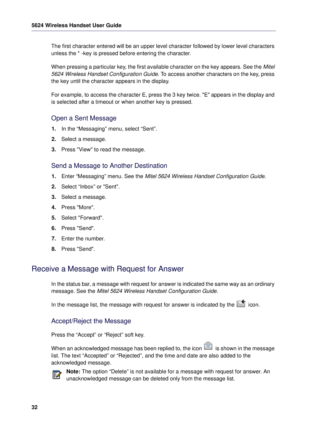 Mitel 5624 manual Receive a Message with Request for Answer, Open a Sent Message, Send a Message to Another Destination 