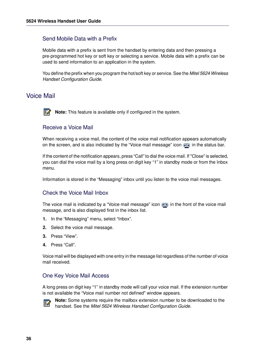 Mitel 5624 Send Mobile Data with a Prefix, Receive a Voice Mail, Check the Voice Mail Inbox, One Key Voice Mail Access 