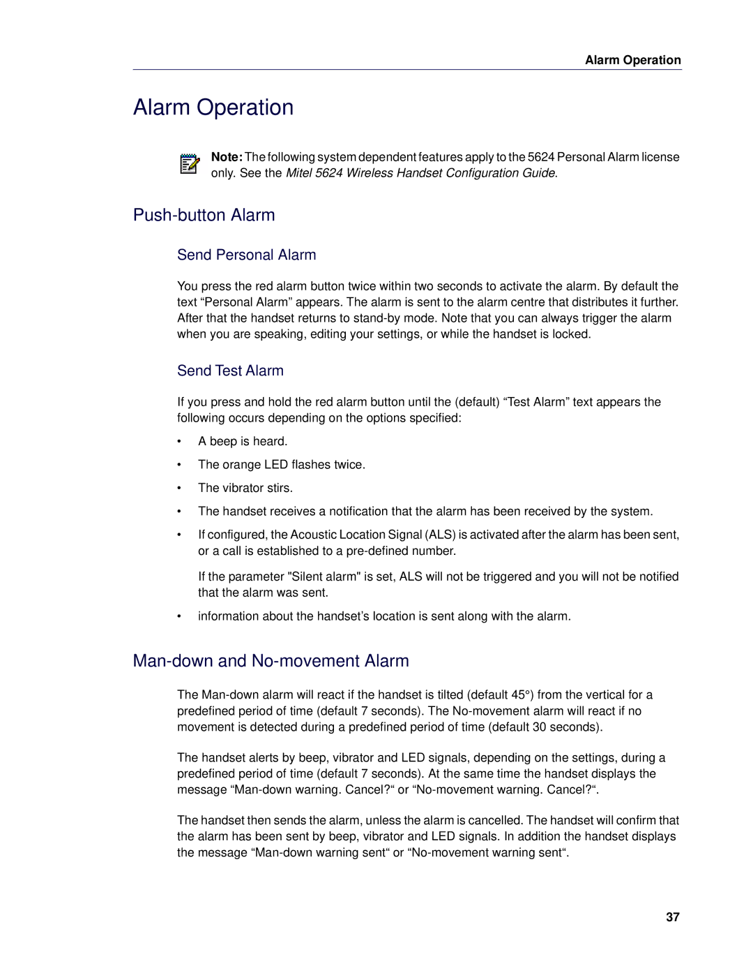 Mitel 5624 manual Alarm Operation, Push-button Alarm, Man-down and No-movement Alarm, Send Personal Alarm, Send Test Alarm 