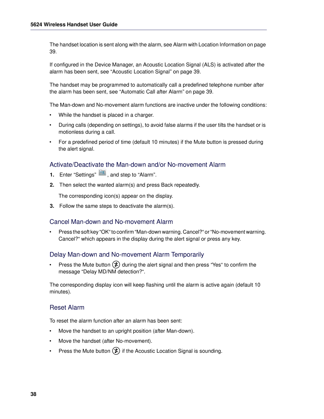 Mitel 5624 Activate/Deactivate the Man-down and/or No-movement Alarm, Cancel Man-down and No-movement Alarm, Reset Alarm 
