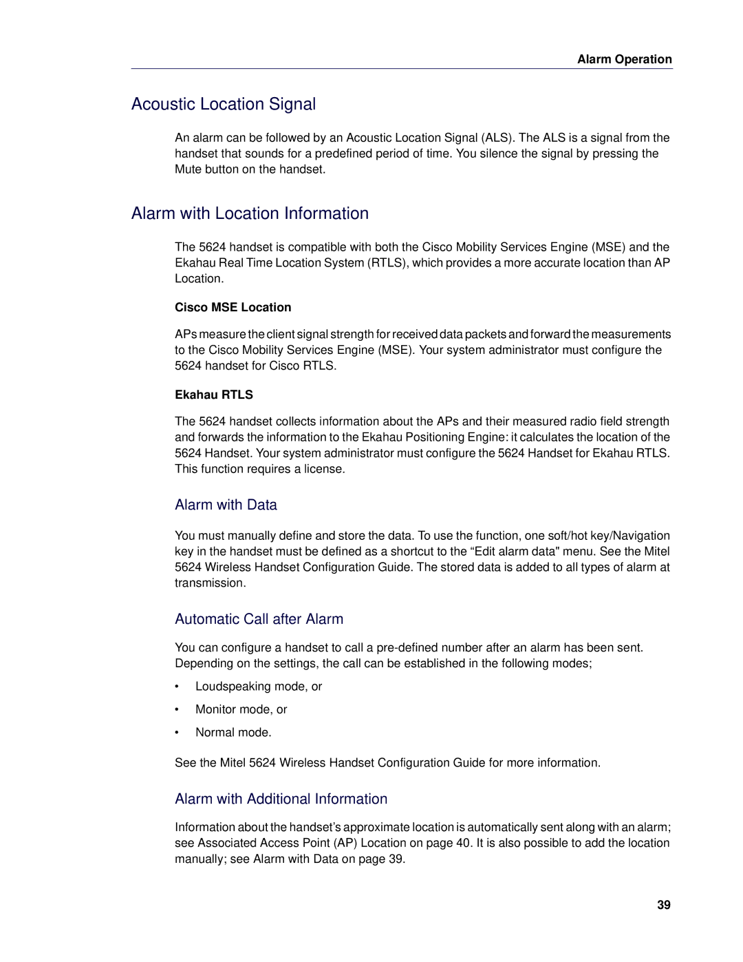 Mitel 5624 manual Acoustic Location Signal, Alarm with Location Information, Alarm with Data, Automatic Call after Alarm 