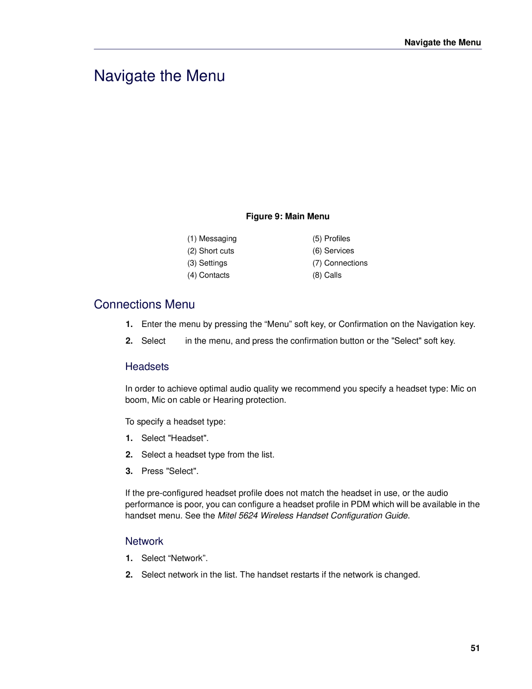 Mitel 5624 manual Navigate the Menu, Connections Menu, Headsets, Network 