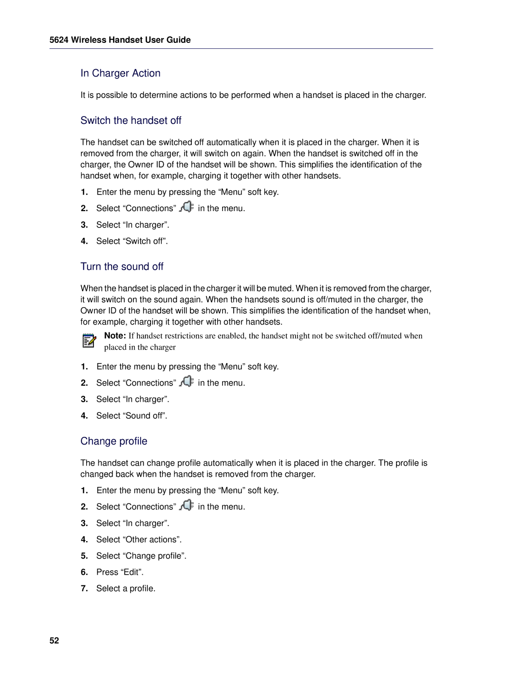 Mitel 5624 manual Charger Action, Switch the handset off, Turn the sound off, Change profile 