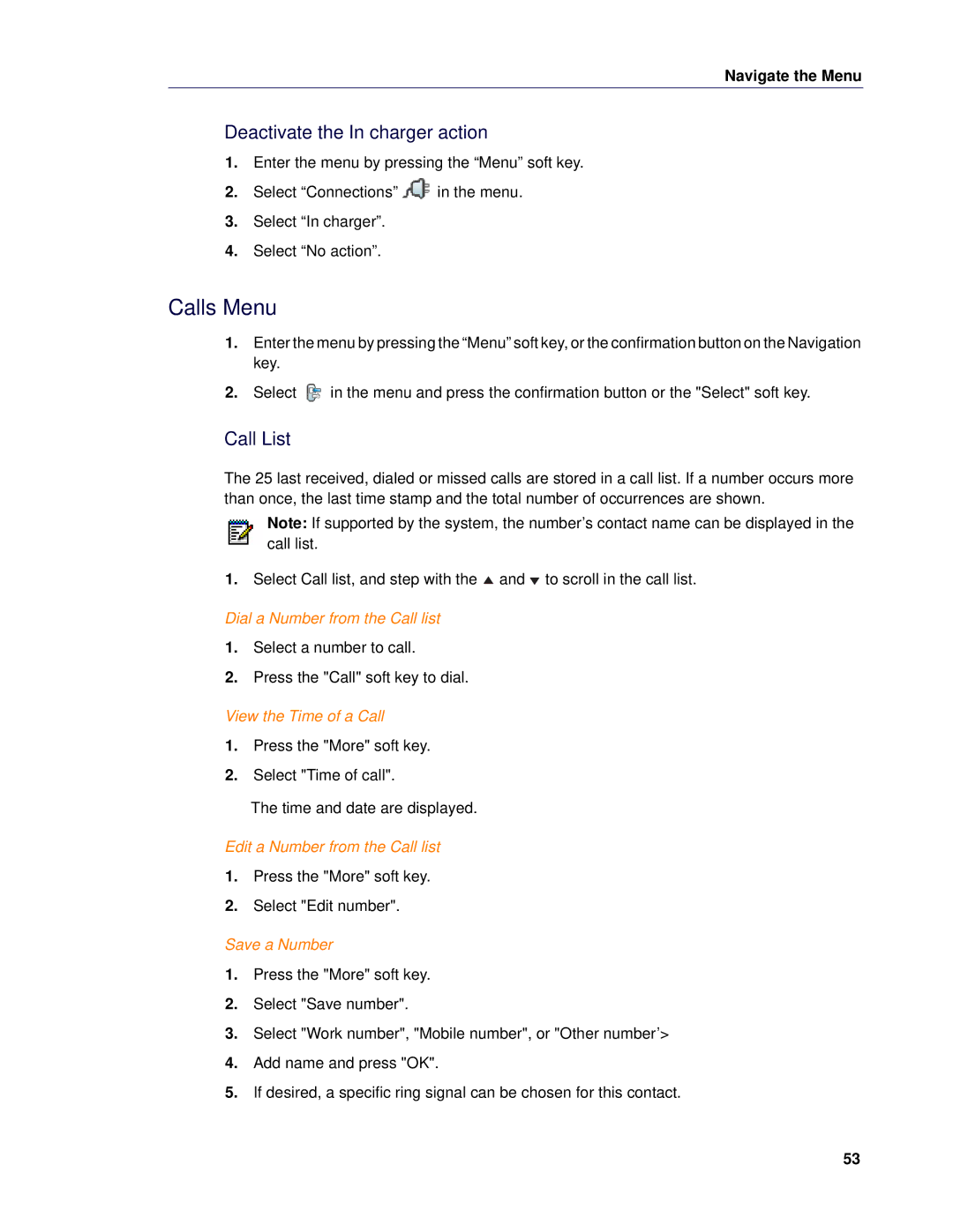 Mitel 5624 manual Calls Menu, Deactivate the In charger action, Call List 