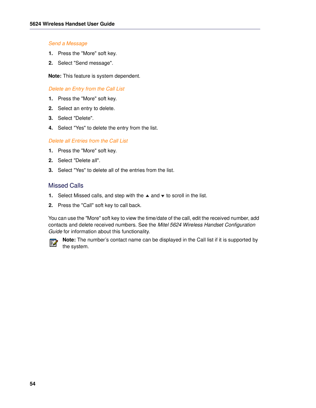 Mitel 5624 manual Missed Calls, Send a Message, Delete an Entry from the Call List, Delete all Entries from the Call List 