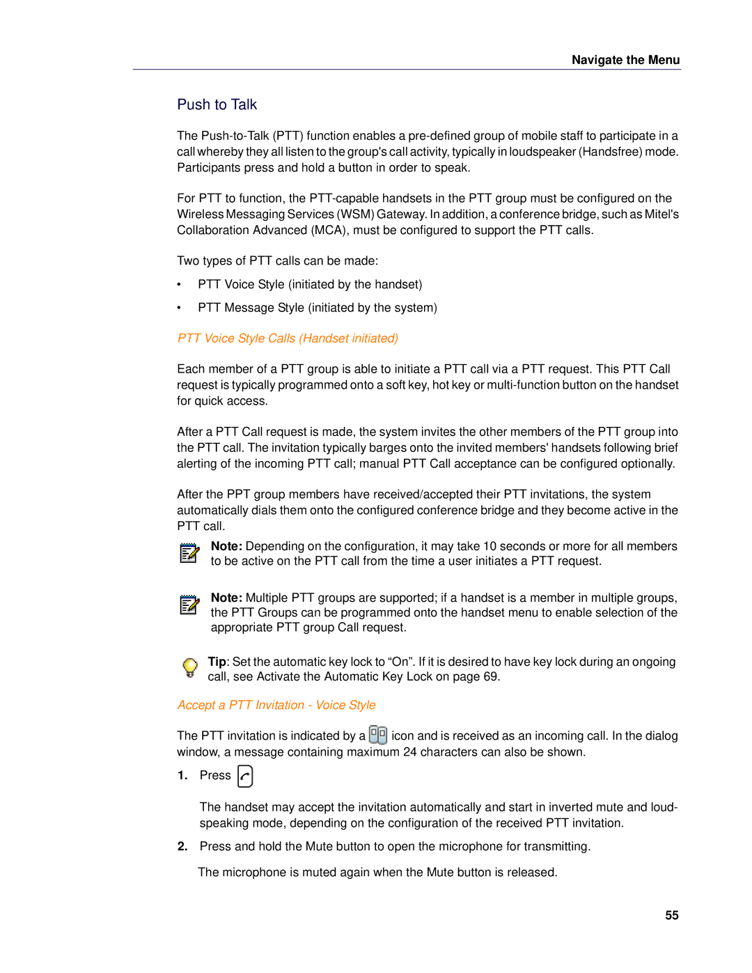 Mitel 5624 manual Push to Talk, PTT Voice Style Calls Handset initiated, Accept a PTT Invitation Voice Style 