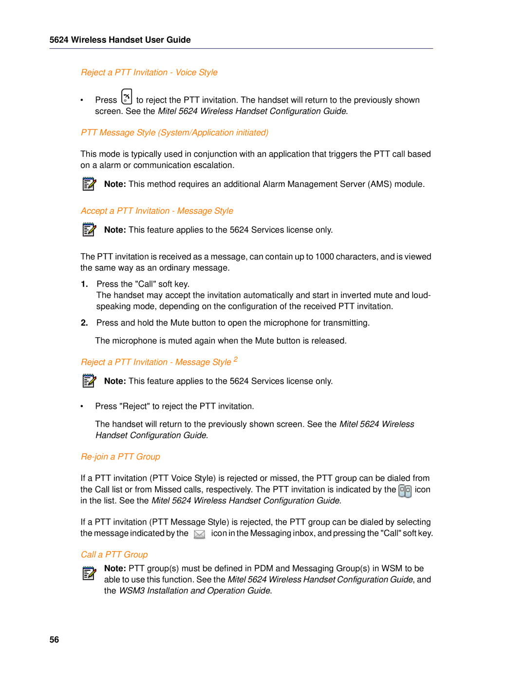 Mitel 5624 manual Reject a PTT Invitation Voice Style, PTT Message Style System/Application initiated, Re-join a PTT Group 