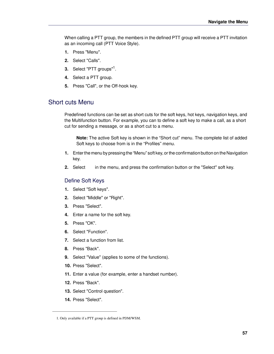 Mitel 5624 manual Short cuts Menu, Define Soft Keys 