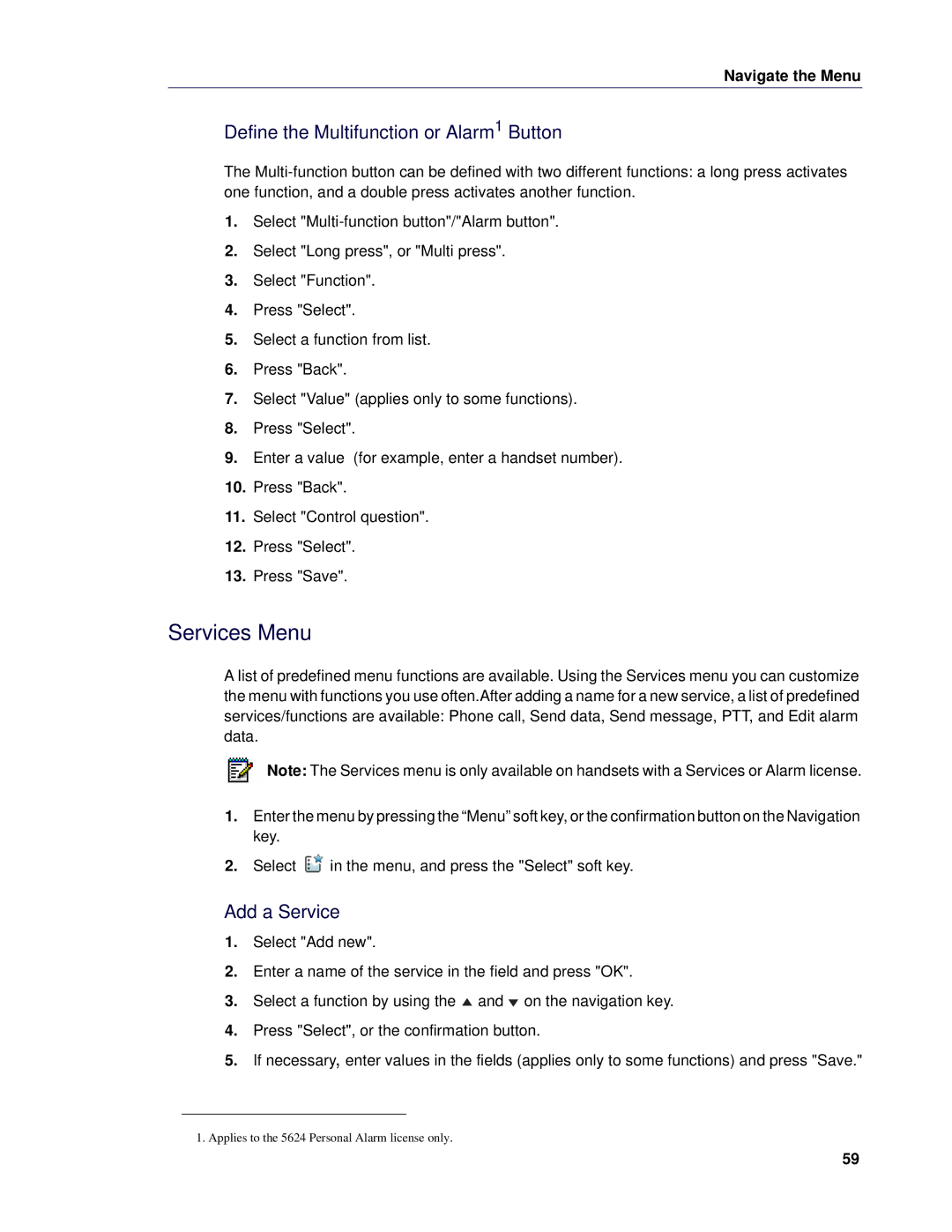 Mitel 5624 manual Services Menu, Define the Multifunction or Alarm1 Button, Add a Service 