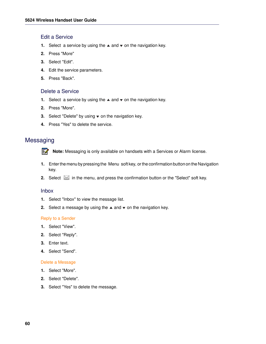 Mitel 5624 manual Edit a Service, Delete a Service, Inbox, Reply to a Sender, Delete a Message 