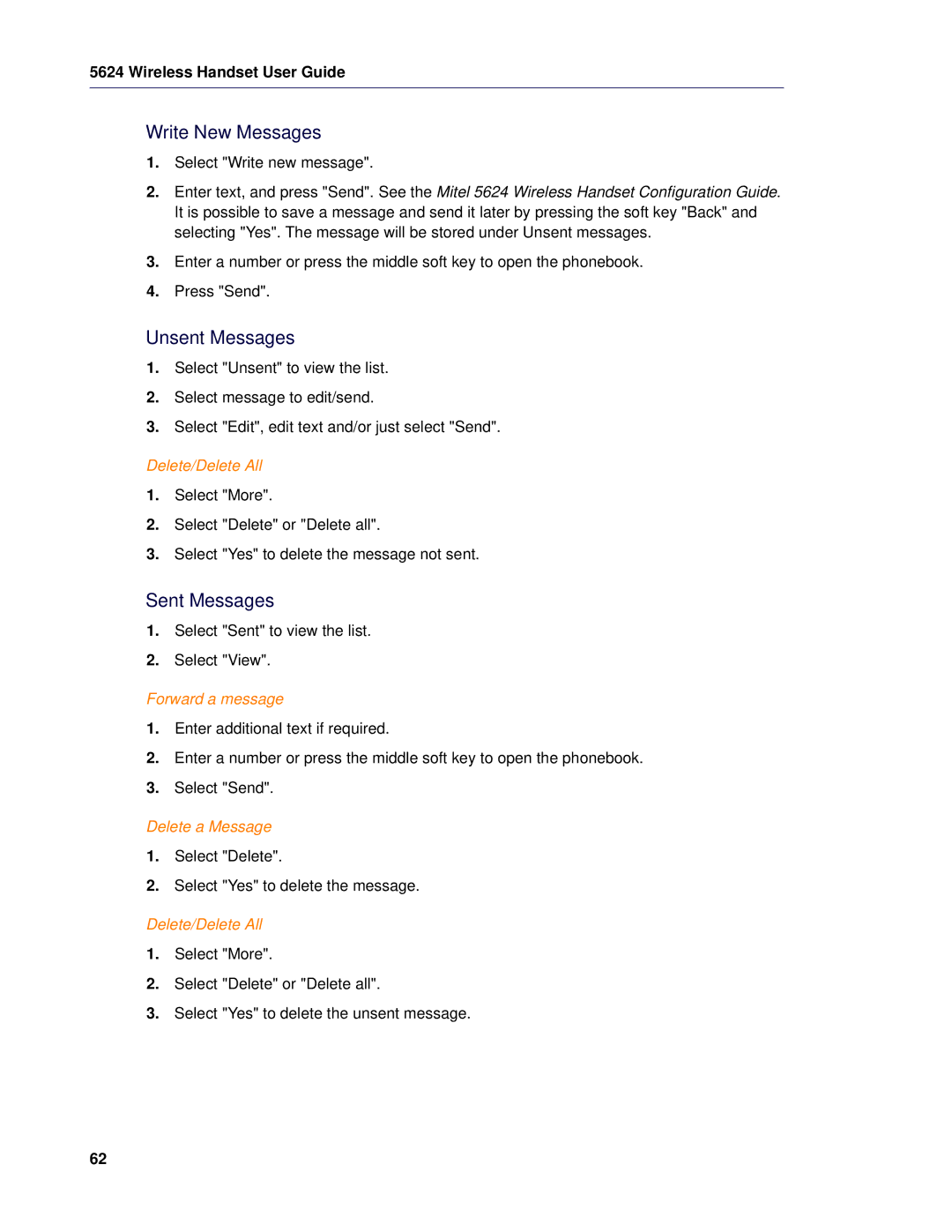 Mitel 5624 manual Write New Messages, Unsent Messages, Sent Messages, Delete/Delete All 