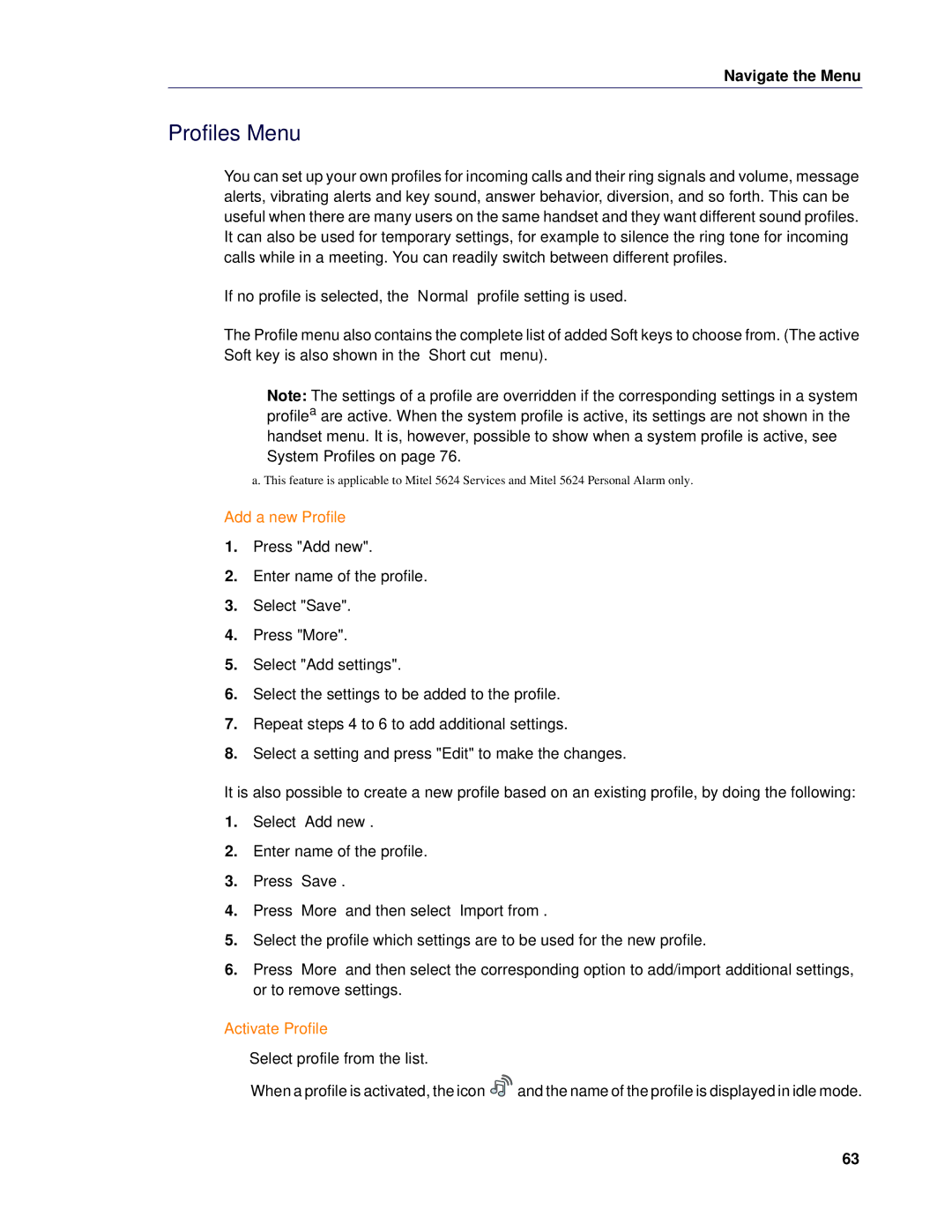 Mitel 5624 manual Profiles Menu, Add a new Profile, Activate Profile 