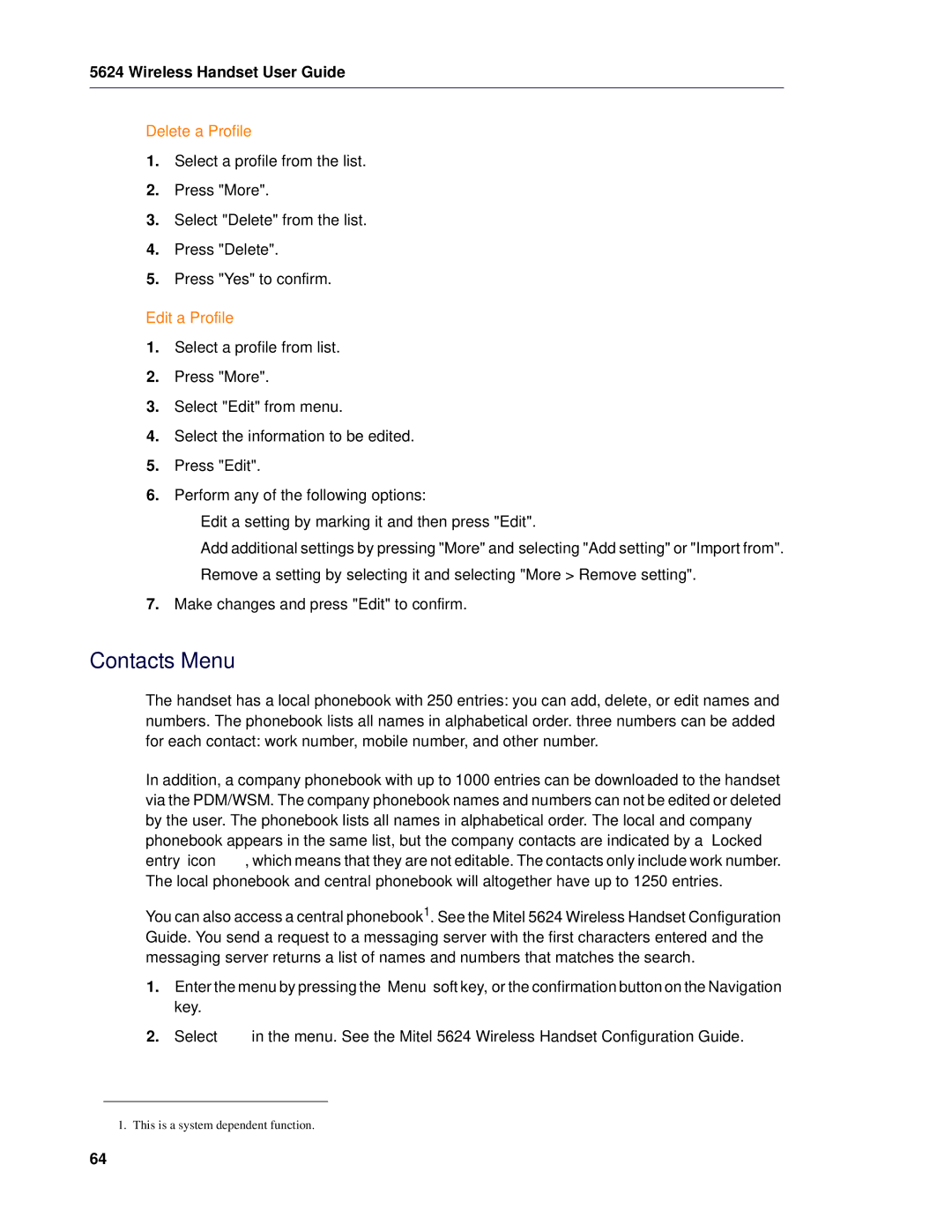 Mitel 5624 manual Contacts Menu, Delete a Profile, Edit a Profile 