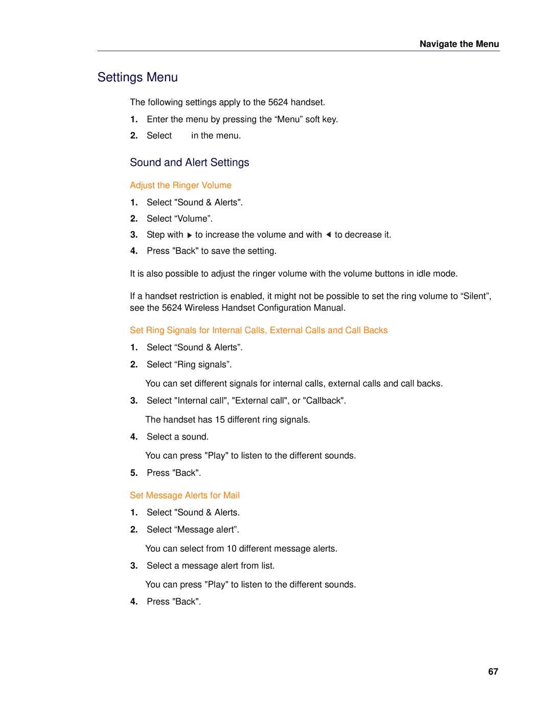 Mitel 5624 manual Settings Menu, Sound and Alert Settings, Adjust the Ringer Volume, Set Message Alerts for Mail 