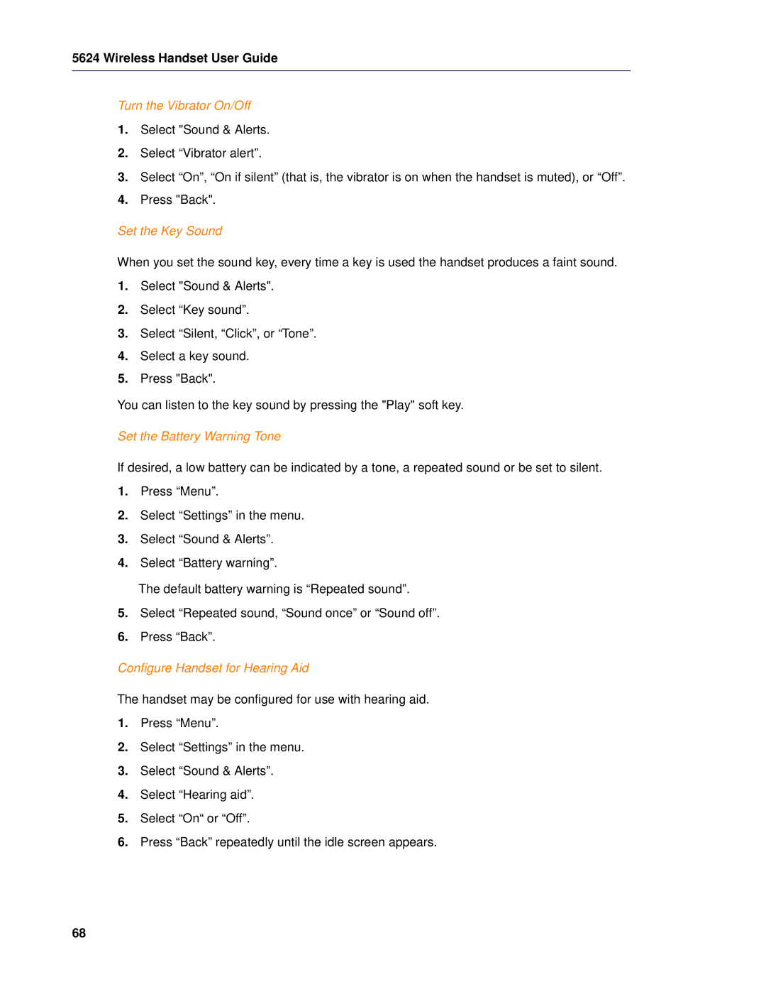 Mitel 5624 Turn the Vibrator On/Off, Set the Key Sound, Set the Battery Warning Tone, Configure Handset for Hearing Aid 