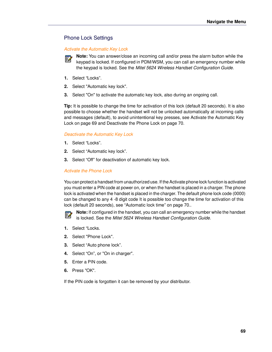 Mitel 5624 manual Phone Lock Settings, Activate the Automatic Key Lock, Deactivate the Automatic Key Lock 