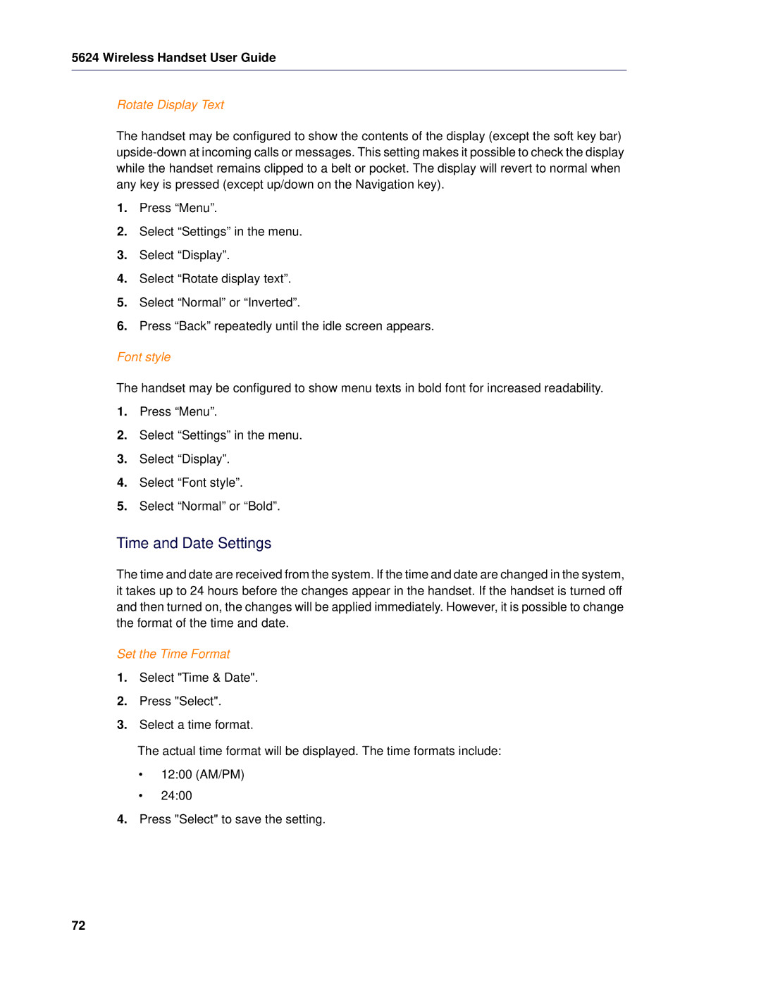 Mitel 5624 manual Time and Date Settings, Rotate Display Text, Font style, Set the Time Format 