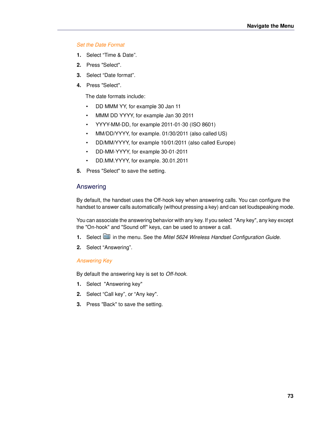 Mitel 5624 manual Set the Date Format, Answering Key 