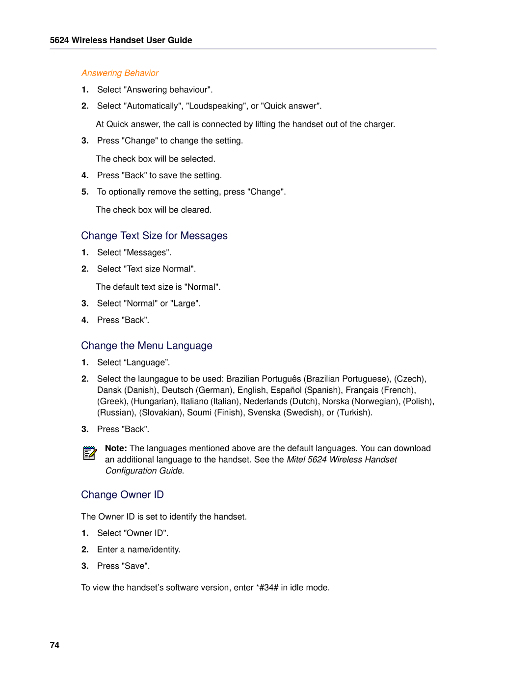 Mitel 5624 manual Change Text Size for Messages, Change the Menu Language, Change Owner ID, Answering Behavior 