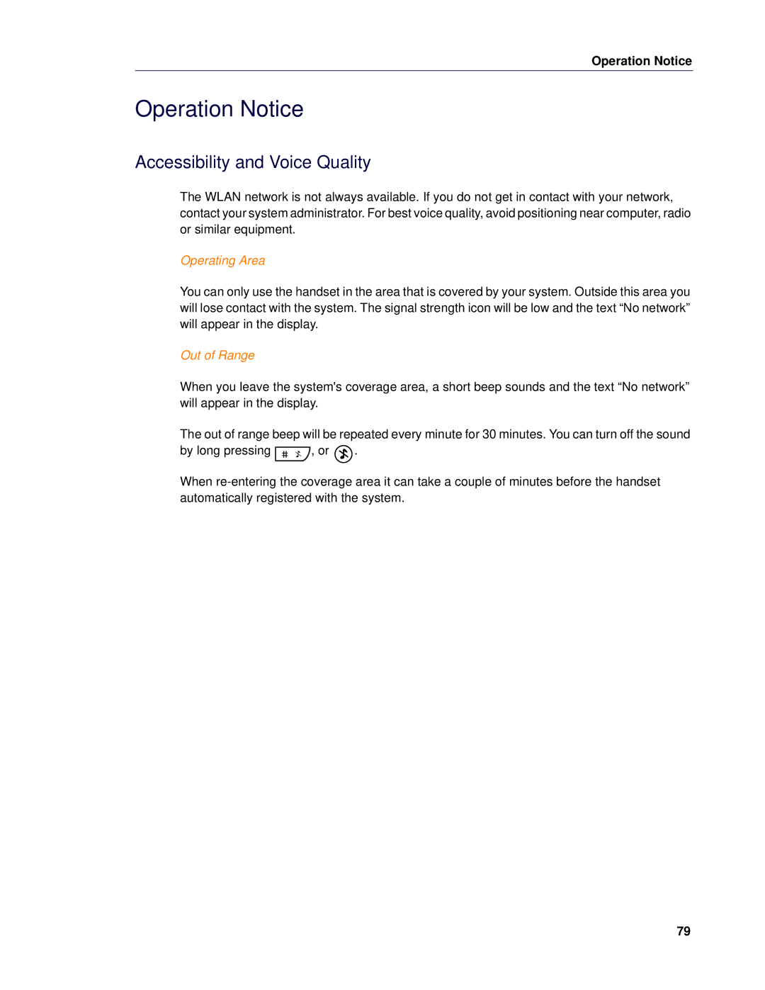 Mitel 5624 manual Operation Notice, Accessibility and Voice Quality, Operating Area, Out of Range 