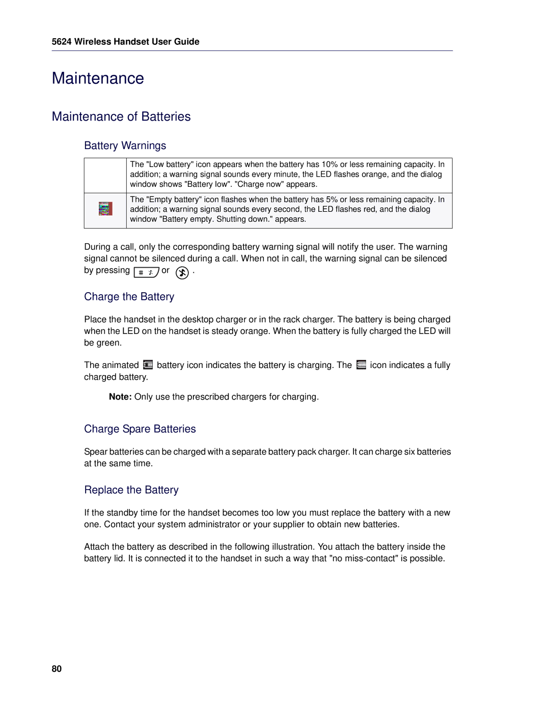 Mitel 5624 manual Maintenance of Batteries 